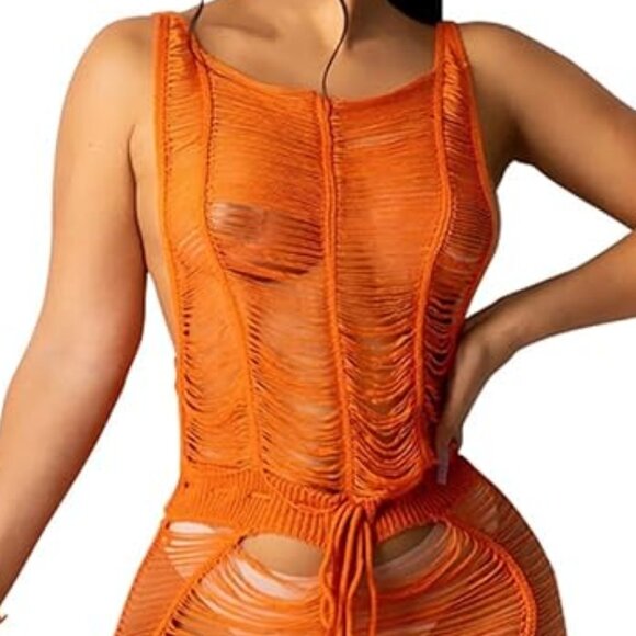 Crochet Orange Hollow Out One-Piece Bikini See Through Cover Up Jumpsuit SZ M - Picture 3 of 10